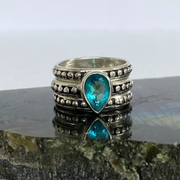 Sterling Silver 925 Teardrop Faceted Blue Glass Triple Band Ring Bali Size 6.5 - Picture 1 of 16